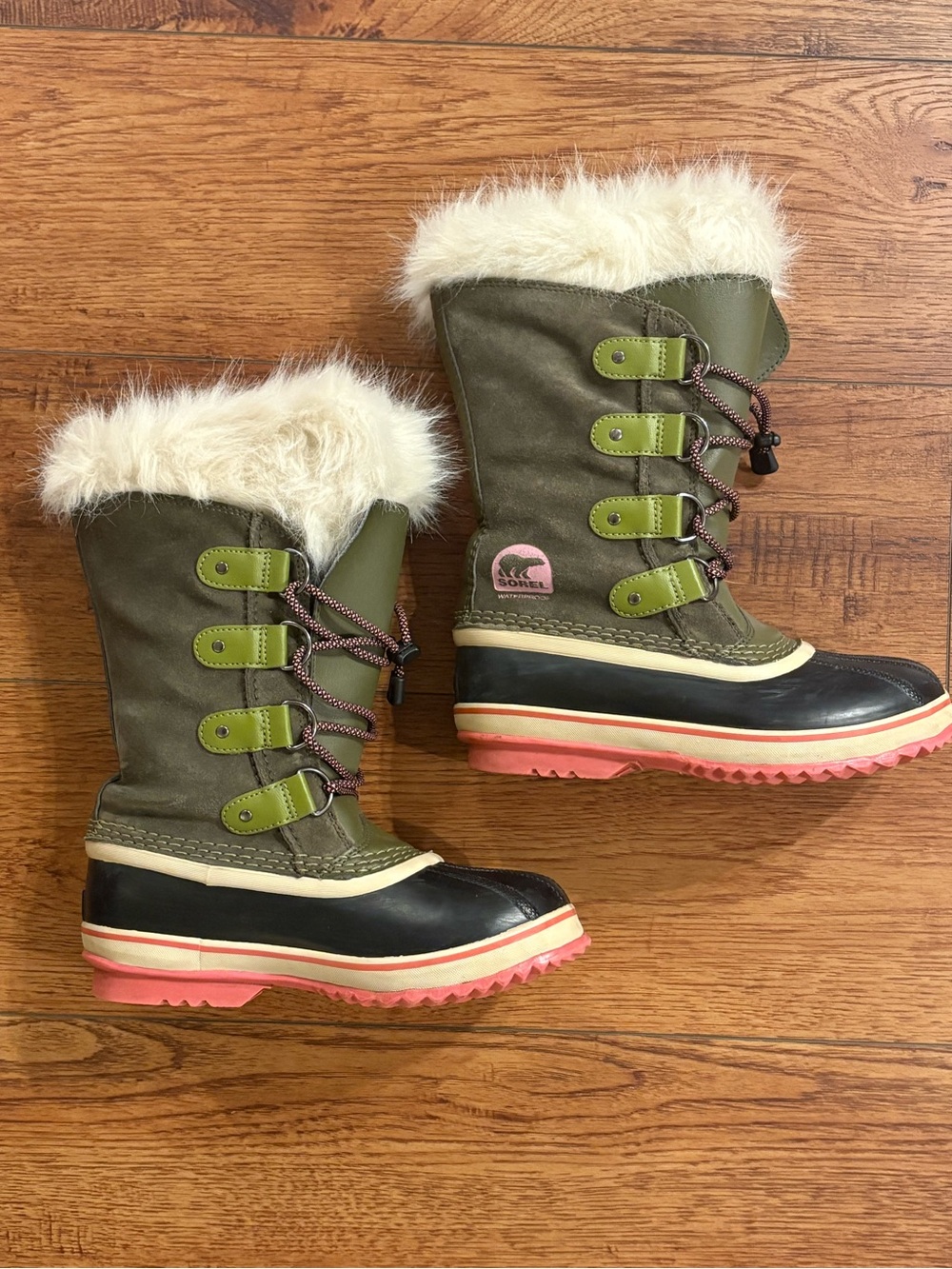 Sorel Waterproof Snow Boots Kids 4 Women 6 Olive Pink Faux Fur Winter